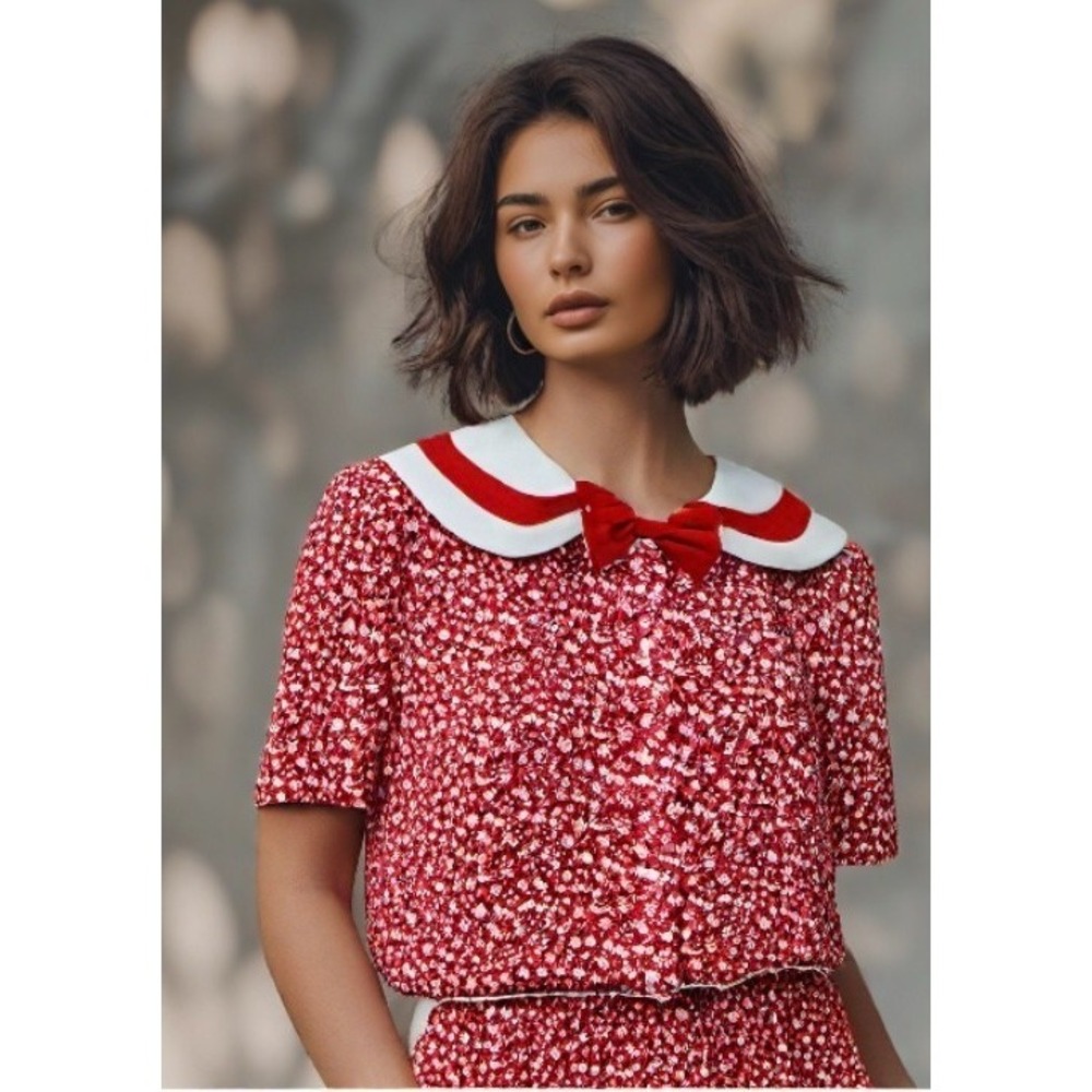 Vintage Patty ONeil Cottagecore Midi Dress M Red Floral Bow Peter Pan Collar EUC - Picture 2 of 14